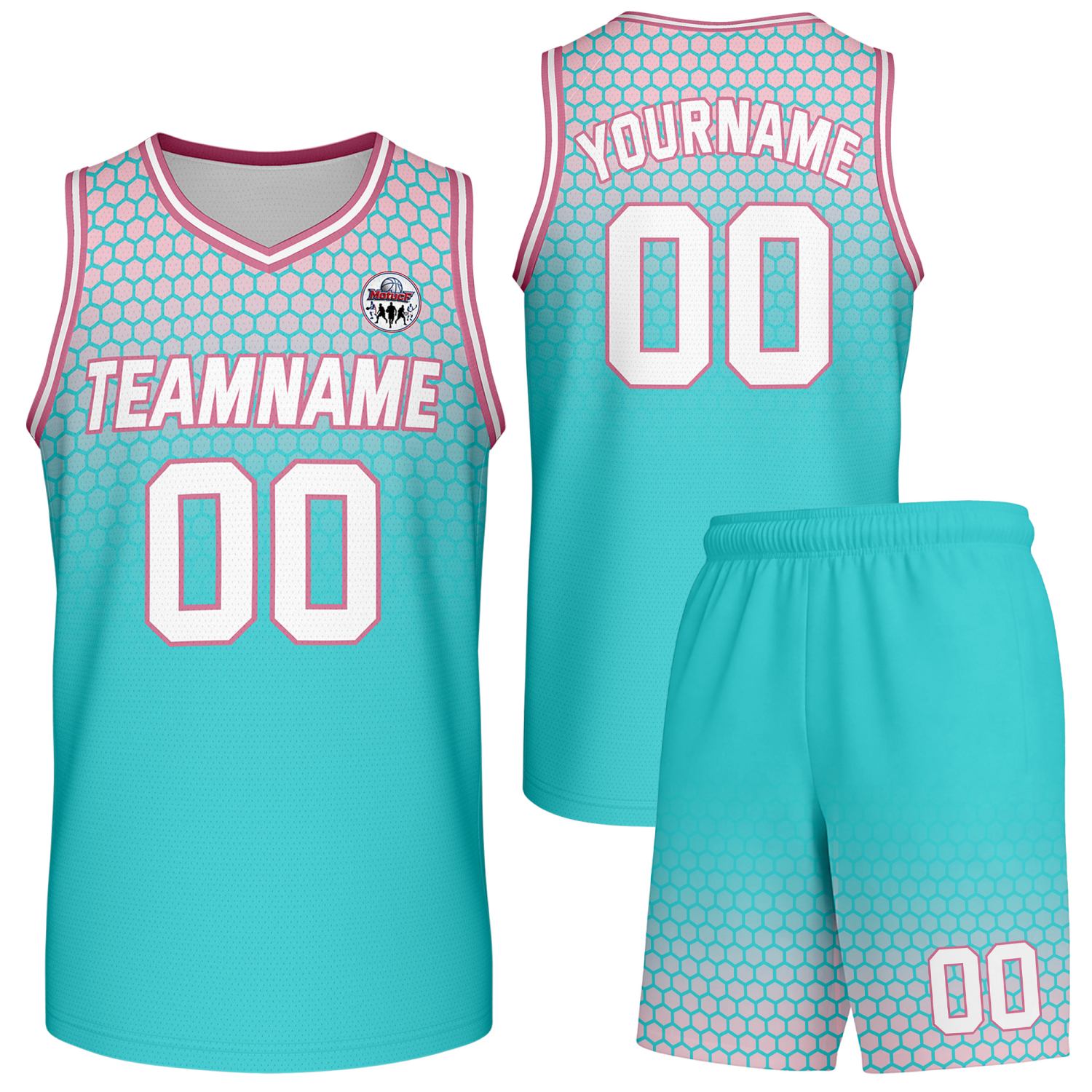 Custom teal & pink honeycomb-pattern basketball uniform set, personalized team name number logo breathable mesh jersey and shorts men women youth game practice - Vosoli