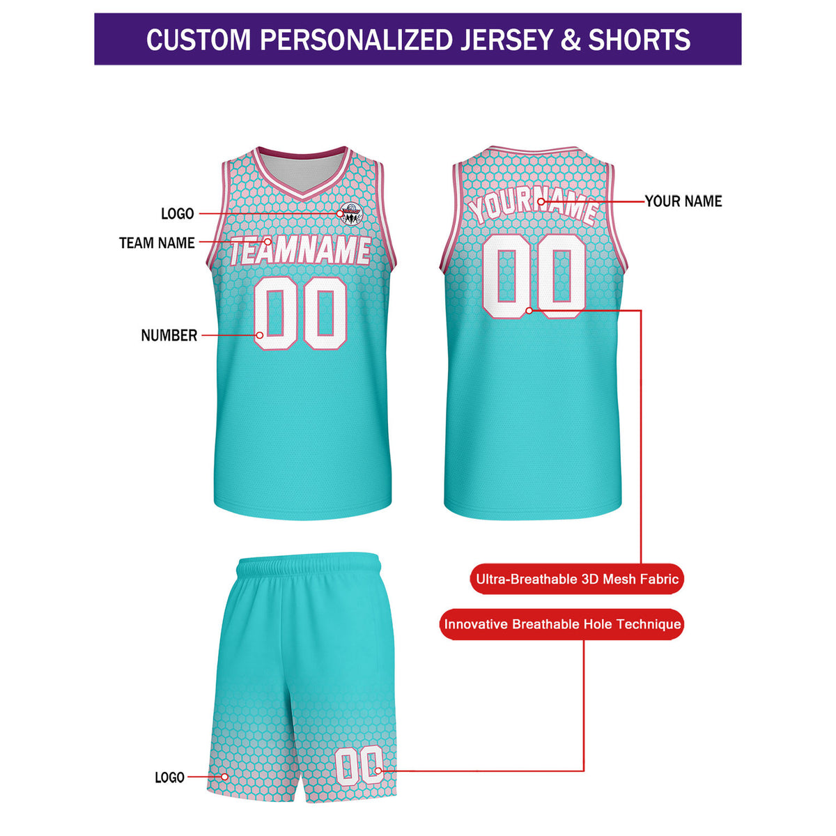 Custom Teal & Pink Honeycomb Basketball Uniform Set | Personalized Team Name & Number - Vosoli