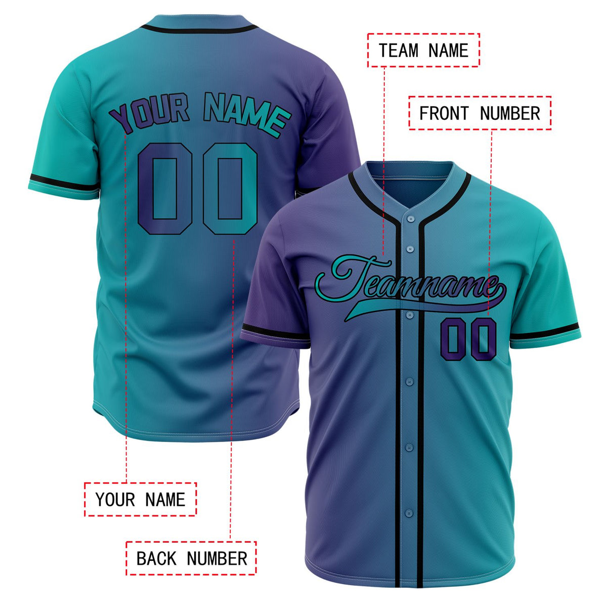 Custom Teal and Purple Gradient Baseball Jersey | Personalized Two-Tone Fade Team Uniform