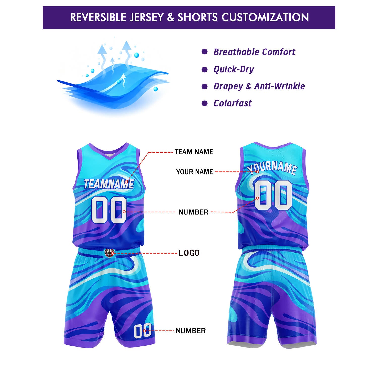 Custom Teal-Purple Gradient Swirl Basketball Uniform | Personalized Team Kit - Vosoli