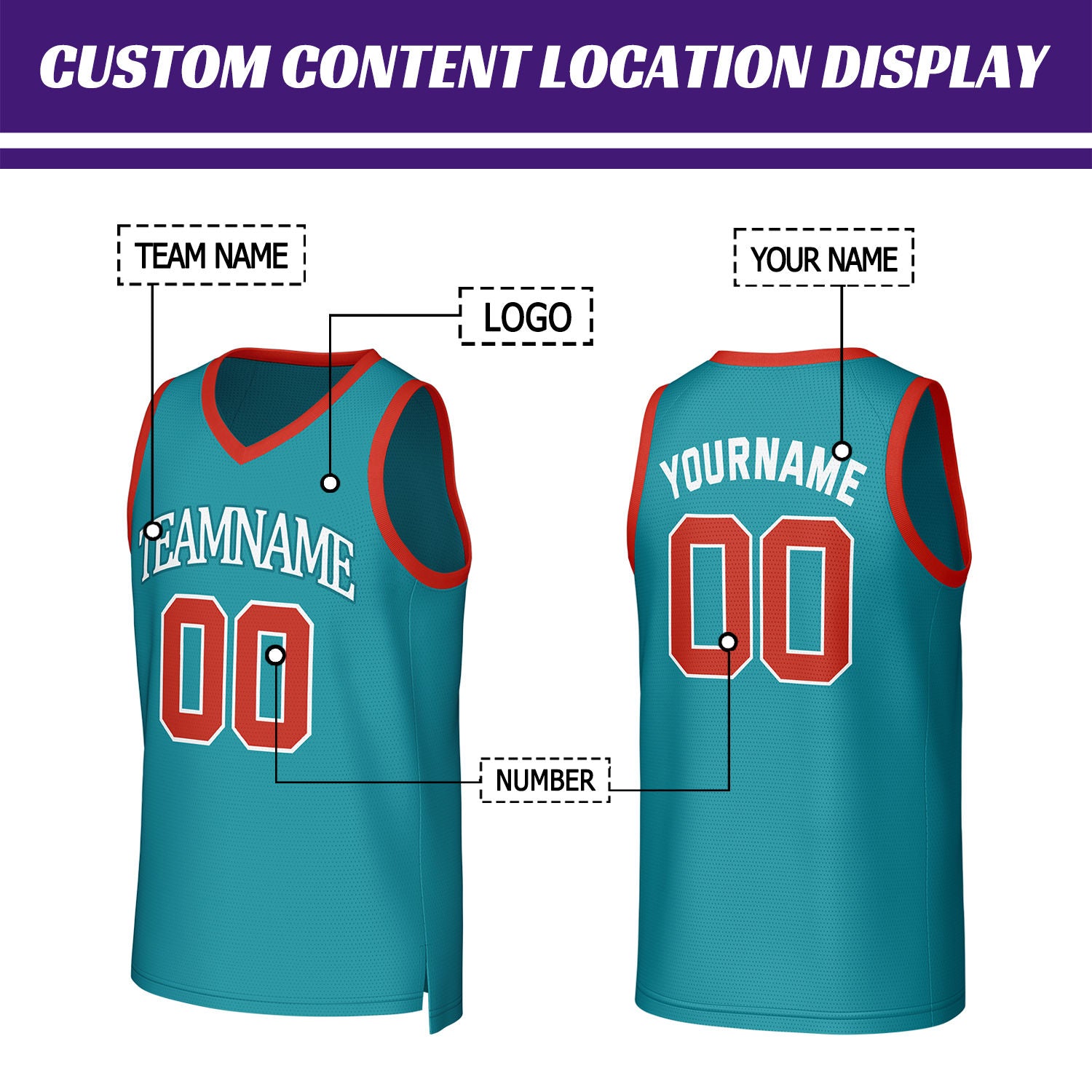 Custom Teal & Red Basketball Jersey | Personalized Name & Number Team Uniform