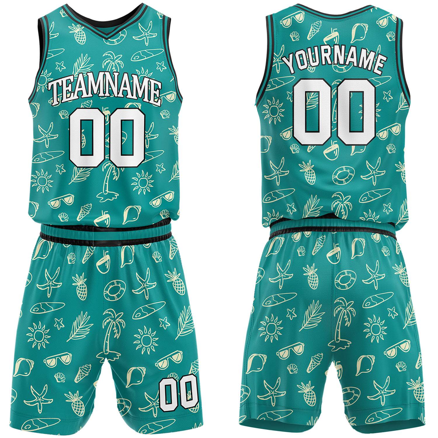 Custom teal summer pattern basketball jersey & shorts set by Vosoli | Personalized team name & number sportswear
