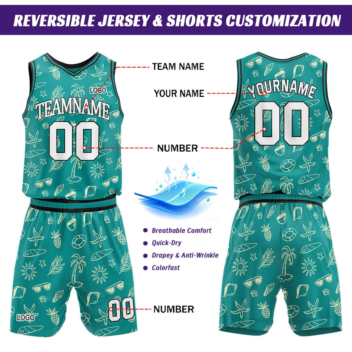 Custom Teal Summer Pattern Basketball Jersey & Shorts Set | Personalized Team Uniform