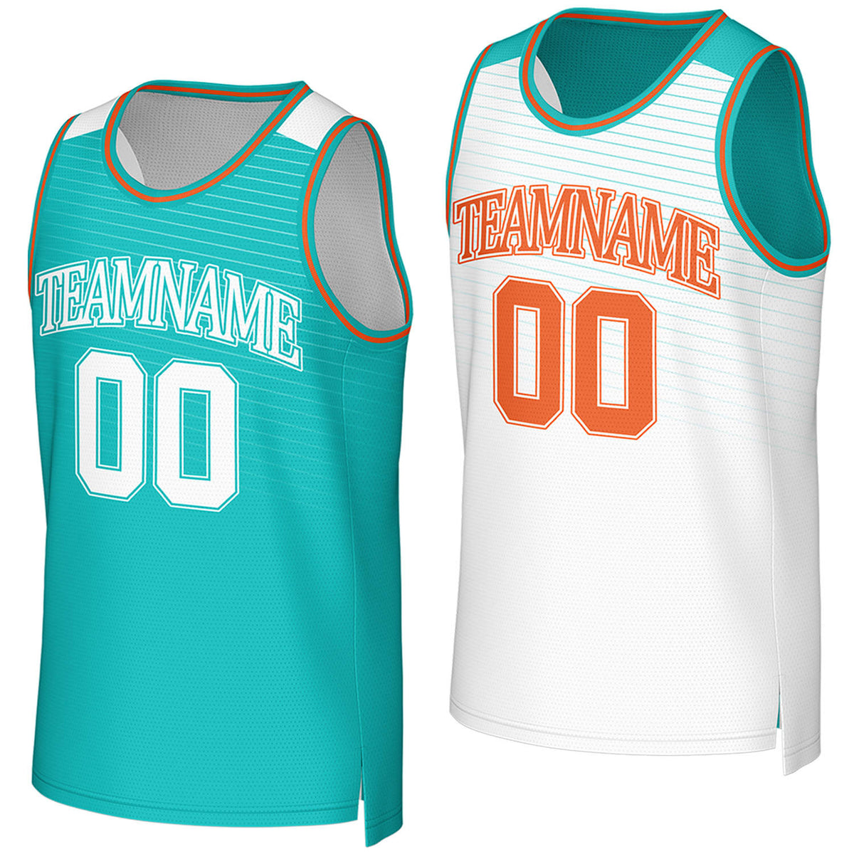 Custom teal & white reversible basketball jersey by Vosoli. Personalized with team name, player name, number, and logo on both sides. Breathable mesh 2-in-1 jersey for high school, college, AAU teams.