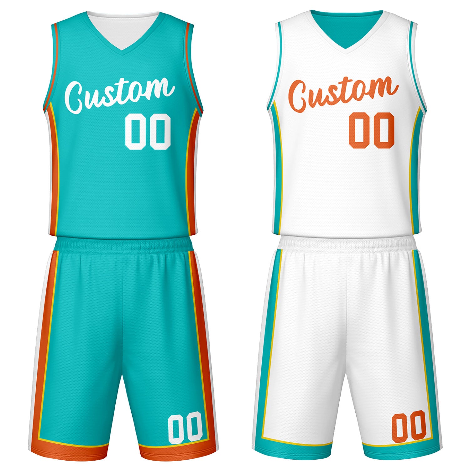 Custom teal & white reversible basketball jersey set with shorts by Vosoli | Personalized team name, number & logo | Breathable mesh sport jersey uniform