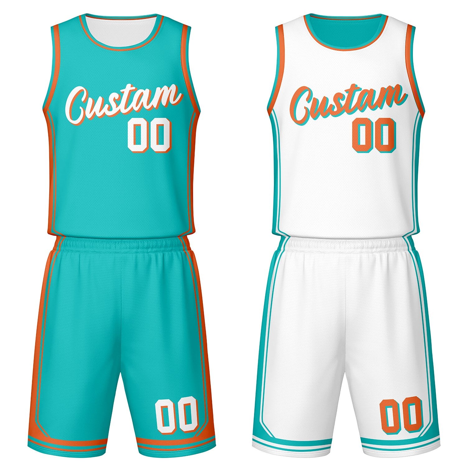 Custom teal & white reversible basketball jersey set with shorts by Vosoli | Personalized team name, number & logo | Breathable mesh sport jersey uniform