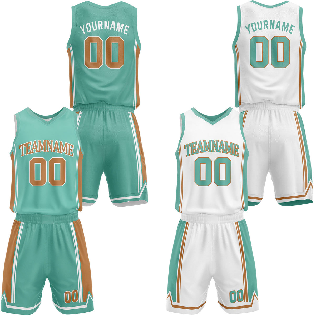 Custom teal &amp; white reversible basketball jersey shorts set by Vosoli | Personalized team name number casual vintage uniform sportswear