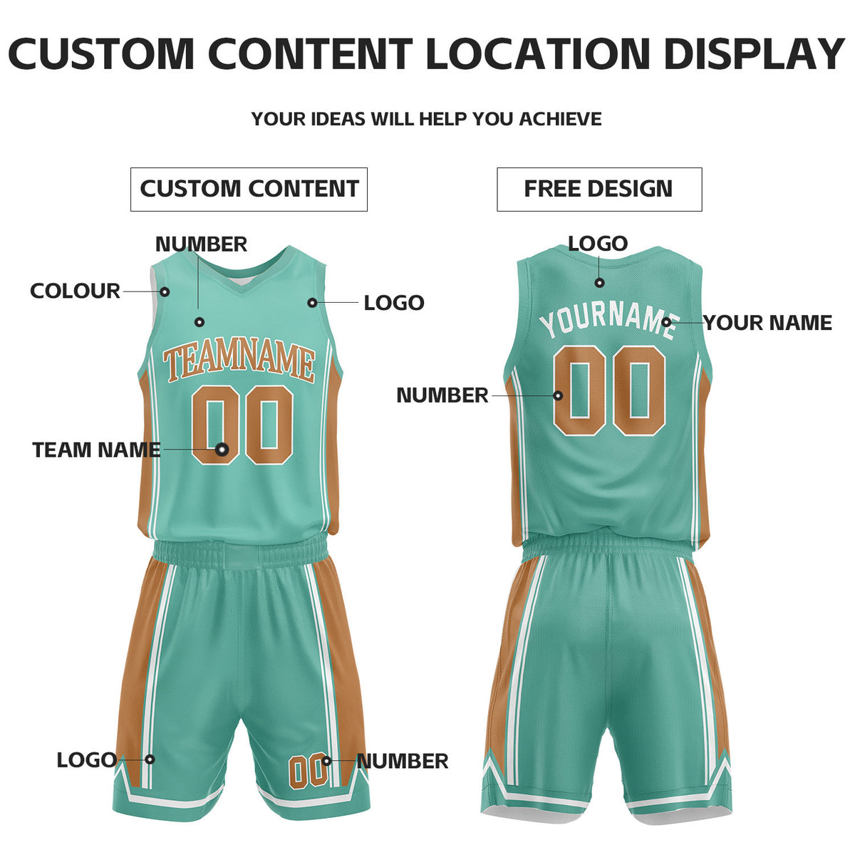 Custom Teal & White Reversible Basketball Jersey Shorts Set | Personalized Full Vintage Team Uniform