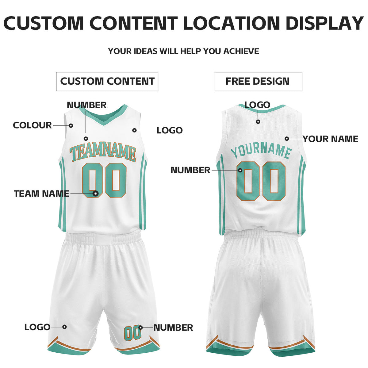 Custom Teal & White Reversible Basketball Jersey Shorts Set | Personalized Full Vintage Team Uniform