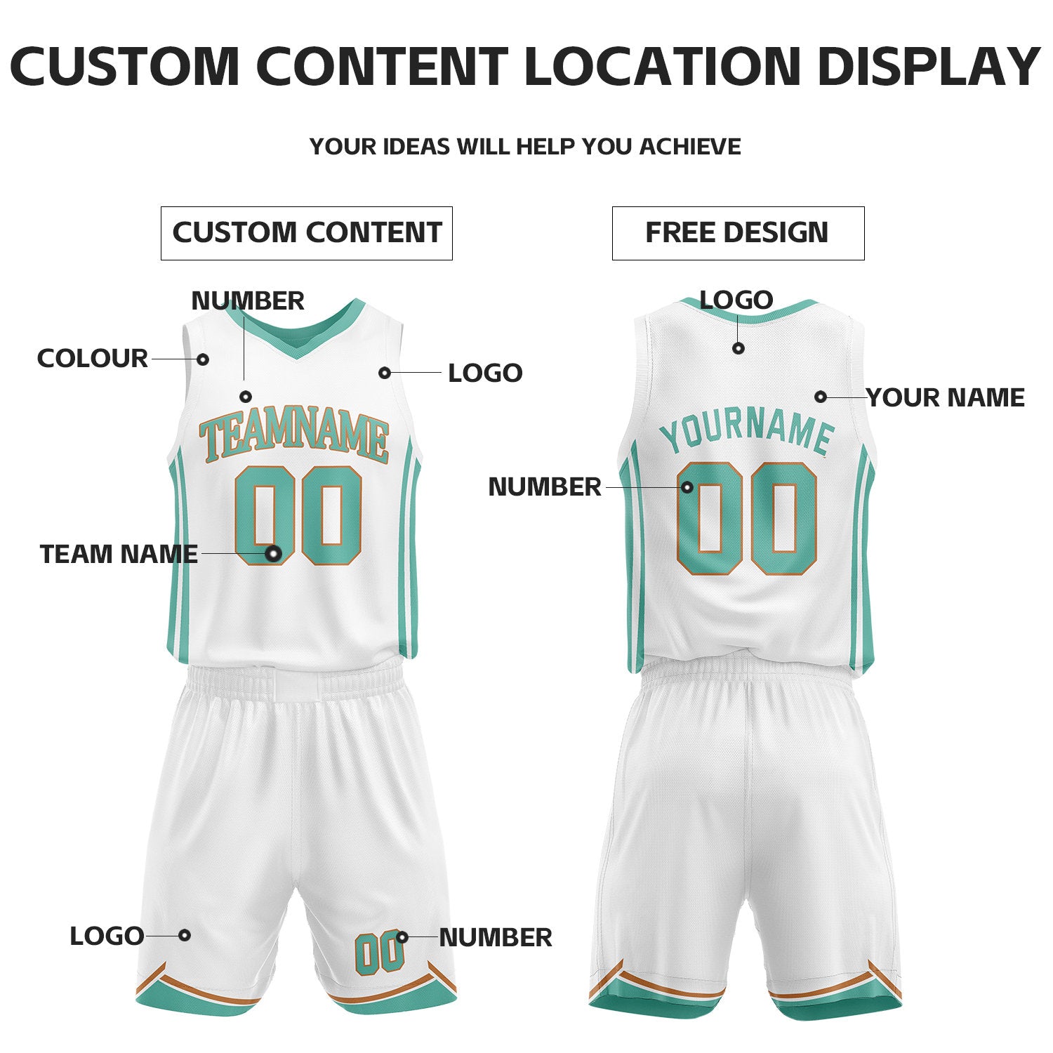 Custom Teal & White Reversible Basketball Jersey Shorts Set | Personalized Full Vintage Team Uniform