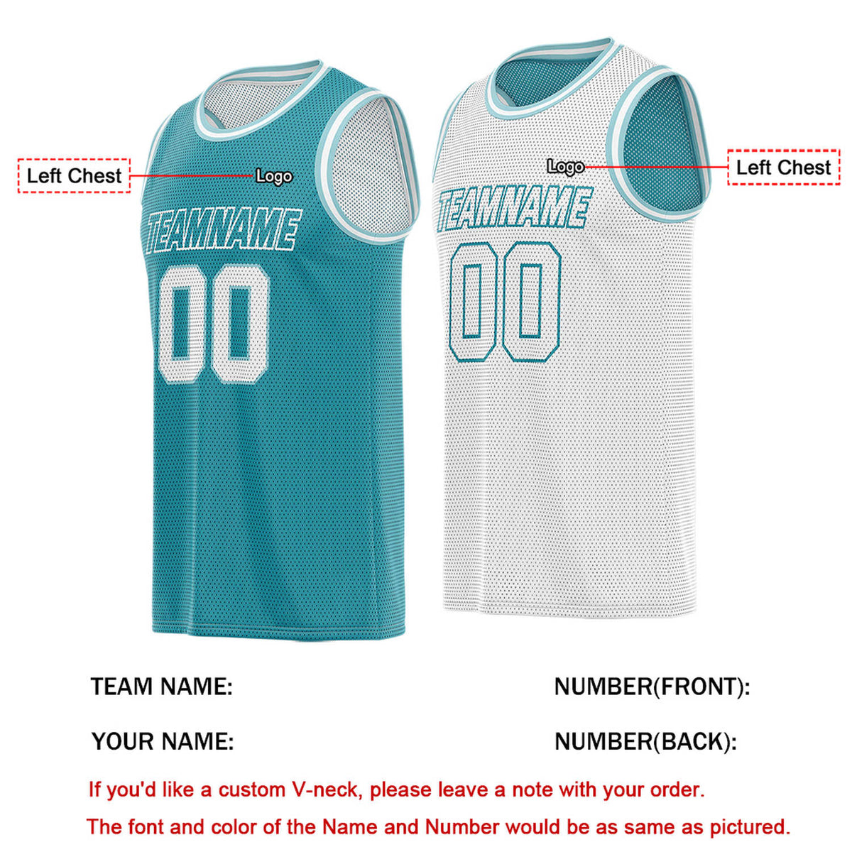 Custom Teal & White Reversible Basketball Jersey | Personalized Team Name & Number - Vosoli