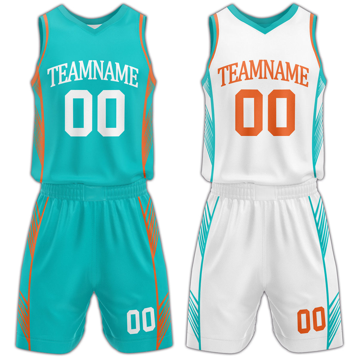 Custom teal and white reversible basketball uniform by Vosoli. Personalized with team name, number, and logo. Breathable mesh jersey and shorts for high school, college, and AAU teams.