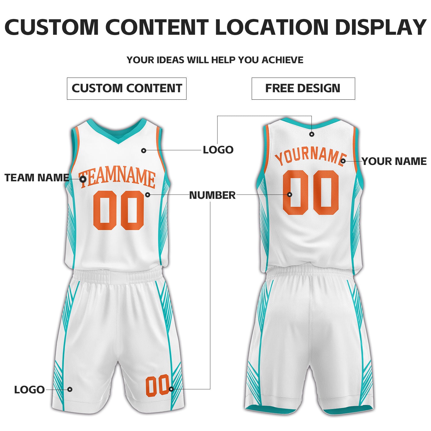 Custom Teal & White Reversible Basketball Uniform Set | Personalized Name Number Sports Jersey Shorts Kit