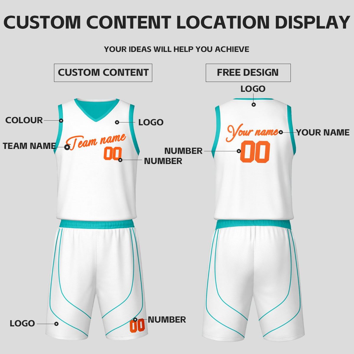 Custom Teal & White Reversible Basketball Jersey Shorts Set | Personalized Team Uniform