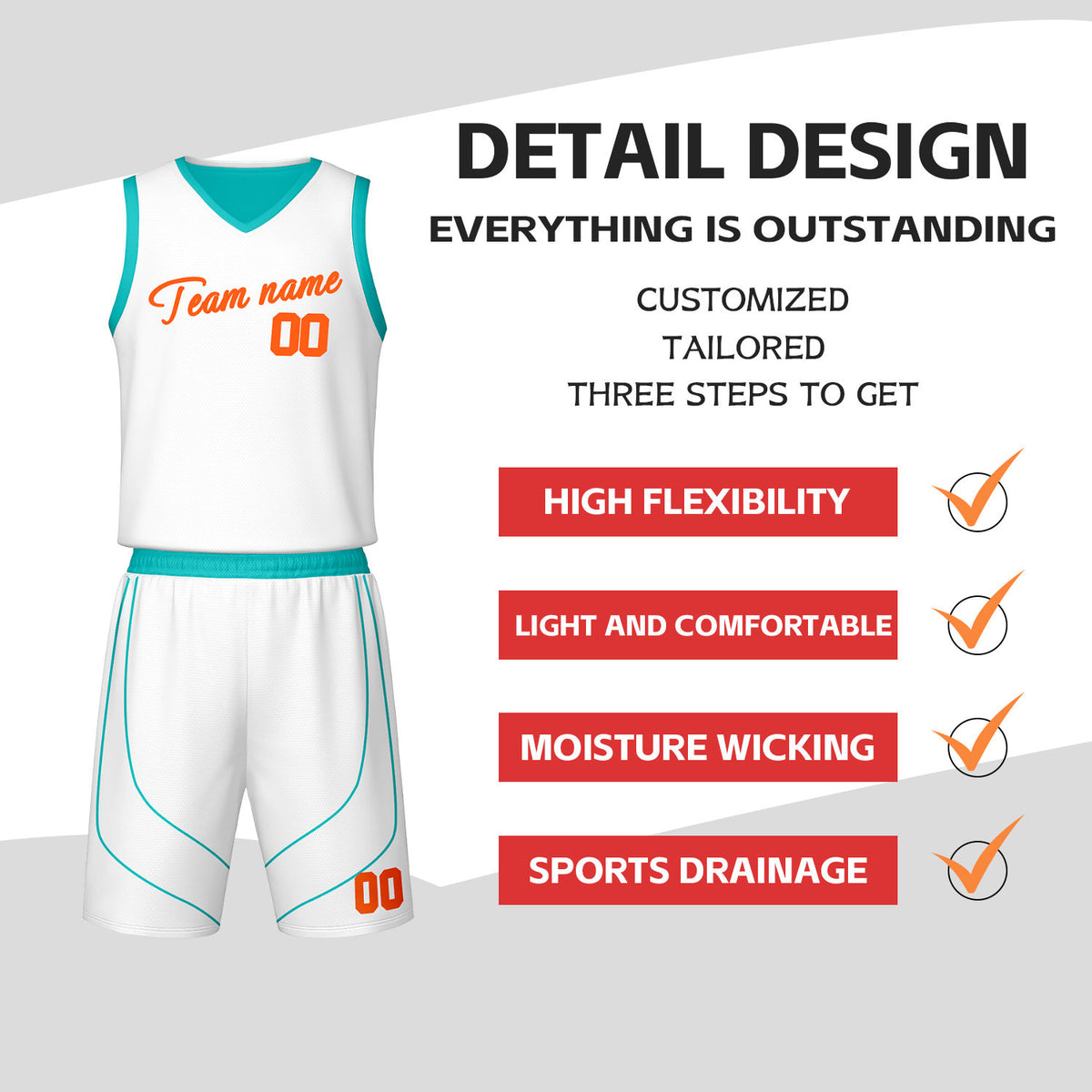 Custom Teal & White Reversible Basketball Jersey Shorts Set | Personalized Team Uniform