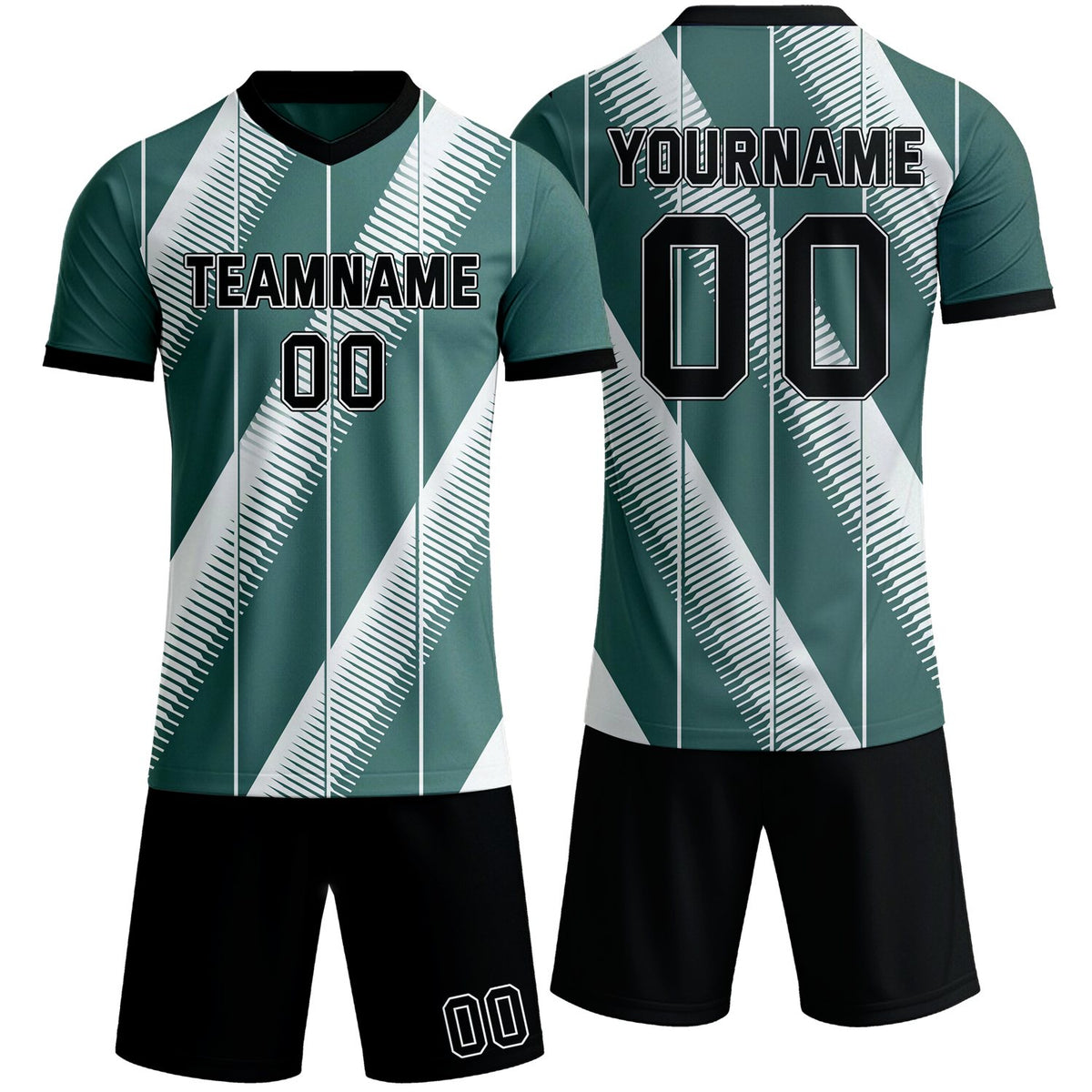 Custom teal &amp; white stripe soccer jersey set, personalized name number team logo, short-sleeve jersey with matching shorts sports uniform for men women youth adult game practice - Vosoli