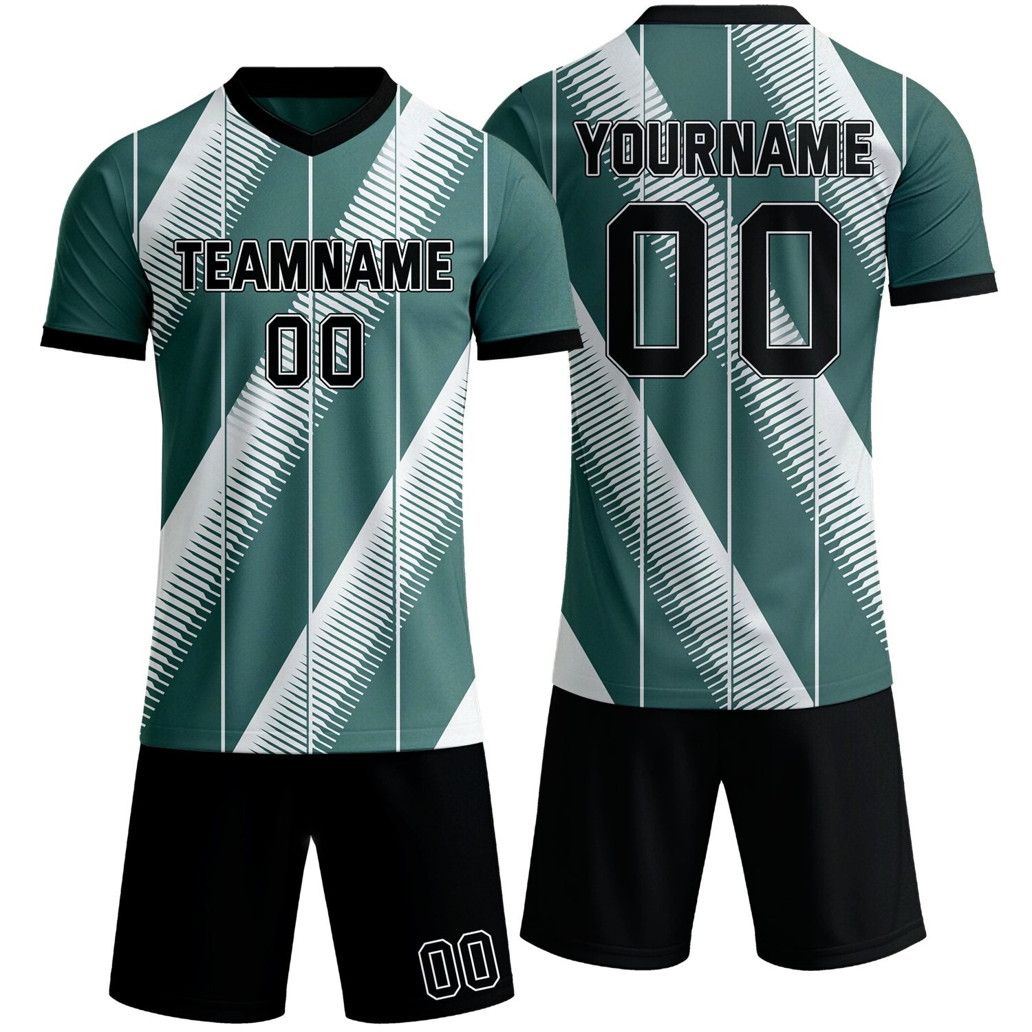 Custom teal & white stripe soccer jersey set, personalized name number team logo, short-sleeve jersey with matching shorts sports uniform for men women youth adult game practice - Vosoli