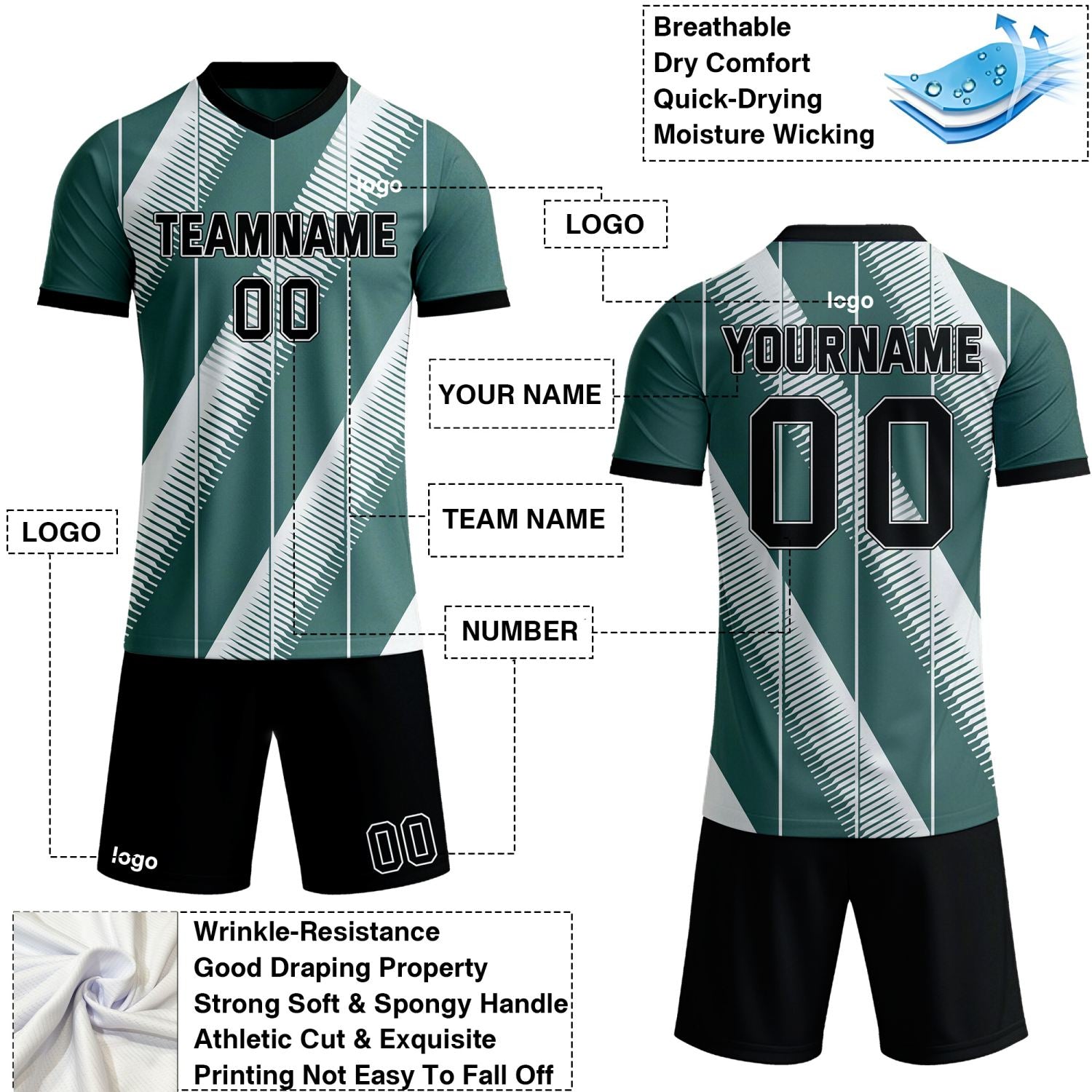 Custom teal & white stripe soccer jersey set, personalized name number team logo, short-sleeve jersey with matching shorts sports uniform for men women youth adult game practice - Vosoli