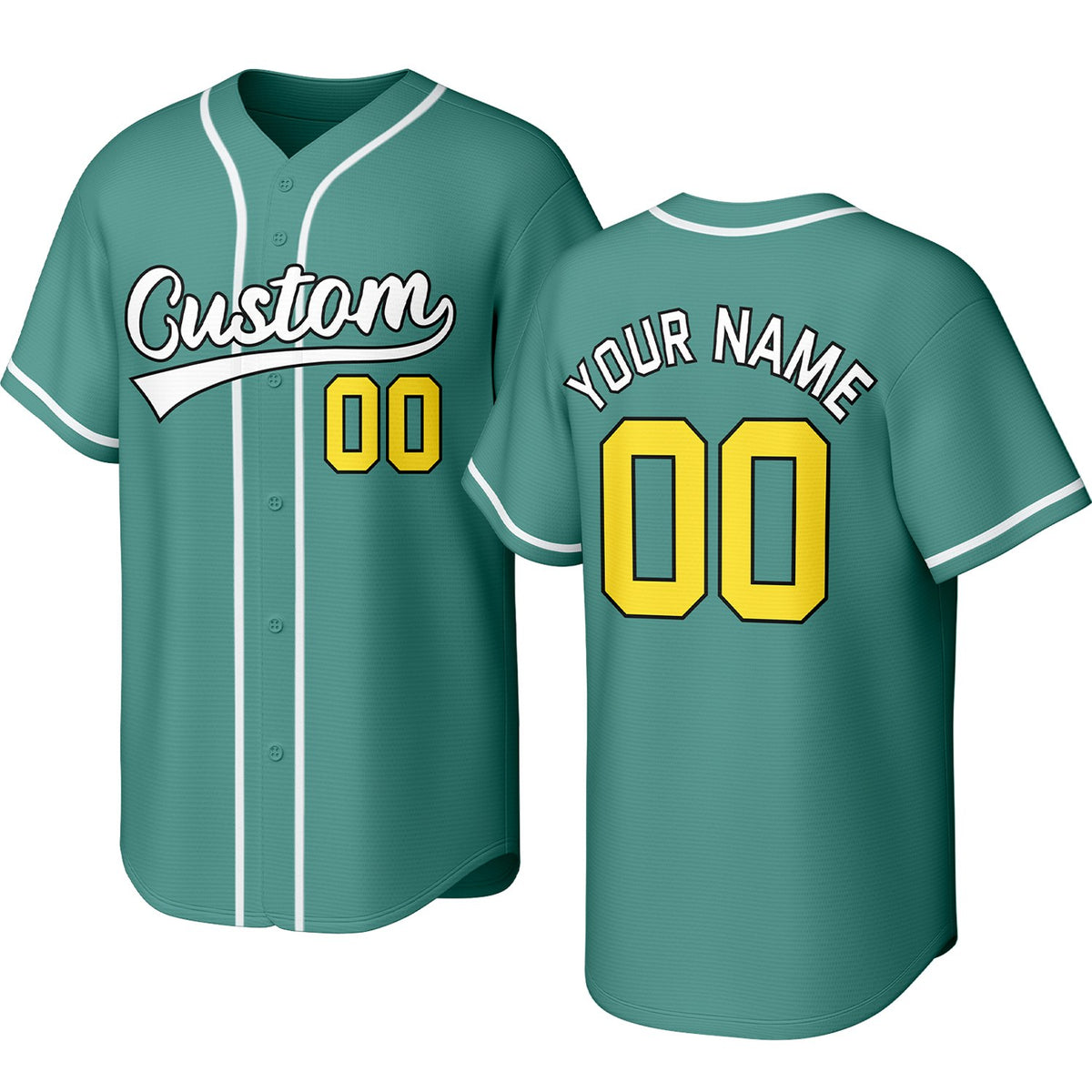 Custom teal, yellow &amp; white baseball jersey with logo, personalized name &amp; number, button-front short-sleeve sports uniform for team men women youth game practice - Vosoli