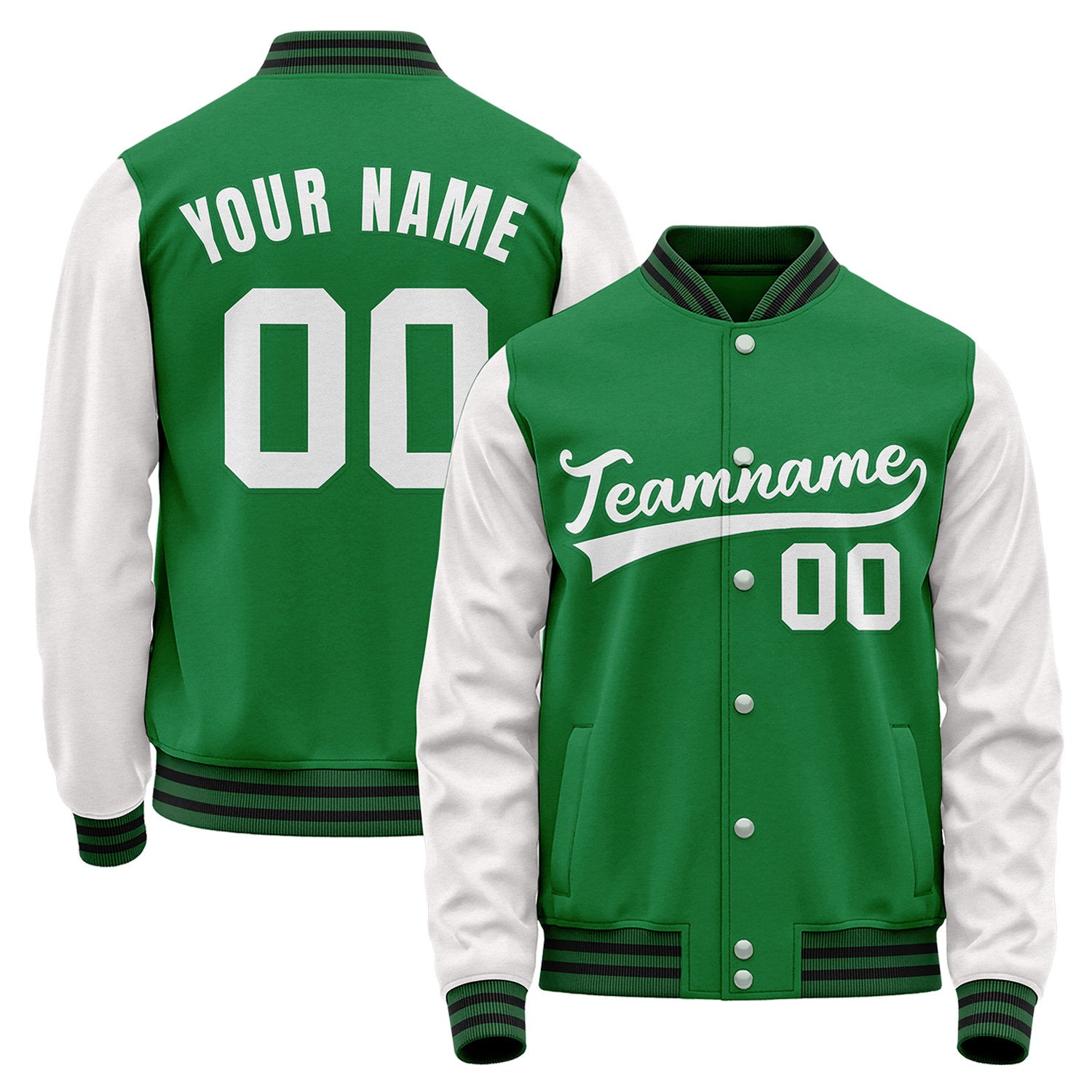 Custom Green & White Two-Tone Varsity Jacket | Personalized Baseball Bomber with Name, Number & Logo