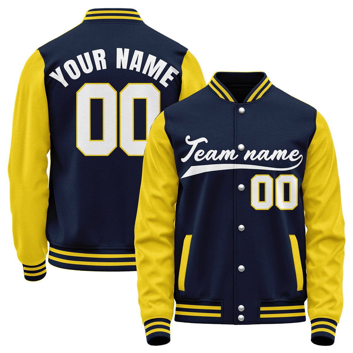 Custom team baseball jackets, navy and yellow varsity letterman bomber jacket, personalized team name, player number and custom logo.