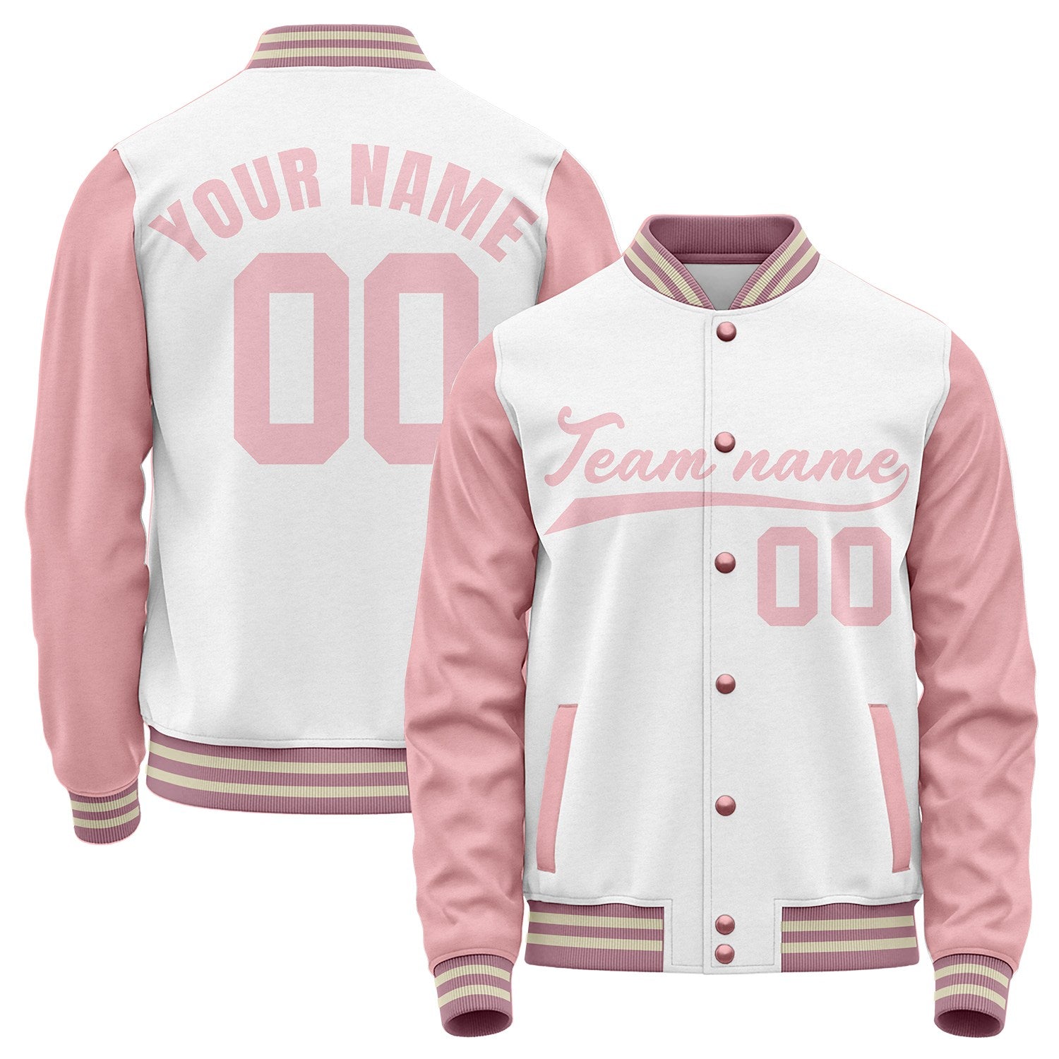 Custom team baseball jackets, white and pink varsity letterman bomber jacket, personalized team name, player number and custom logo.