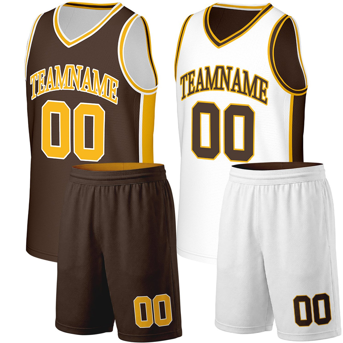 custom team uniform set brown white reversible by Vosoli. Personalized team name, player number & logo. Breathable mesh. Fast delivery.