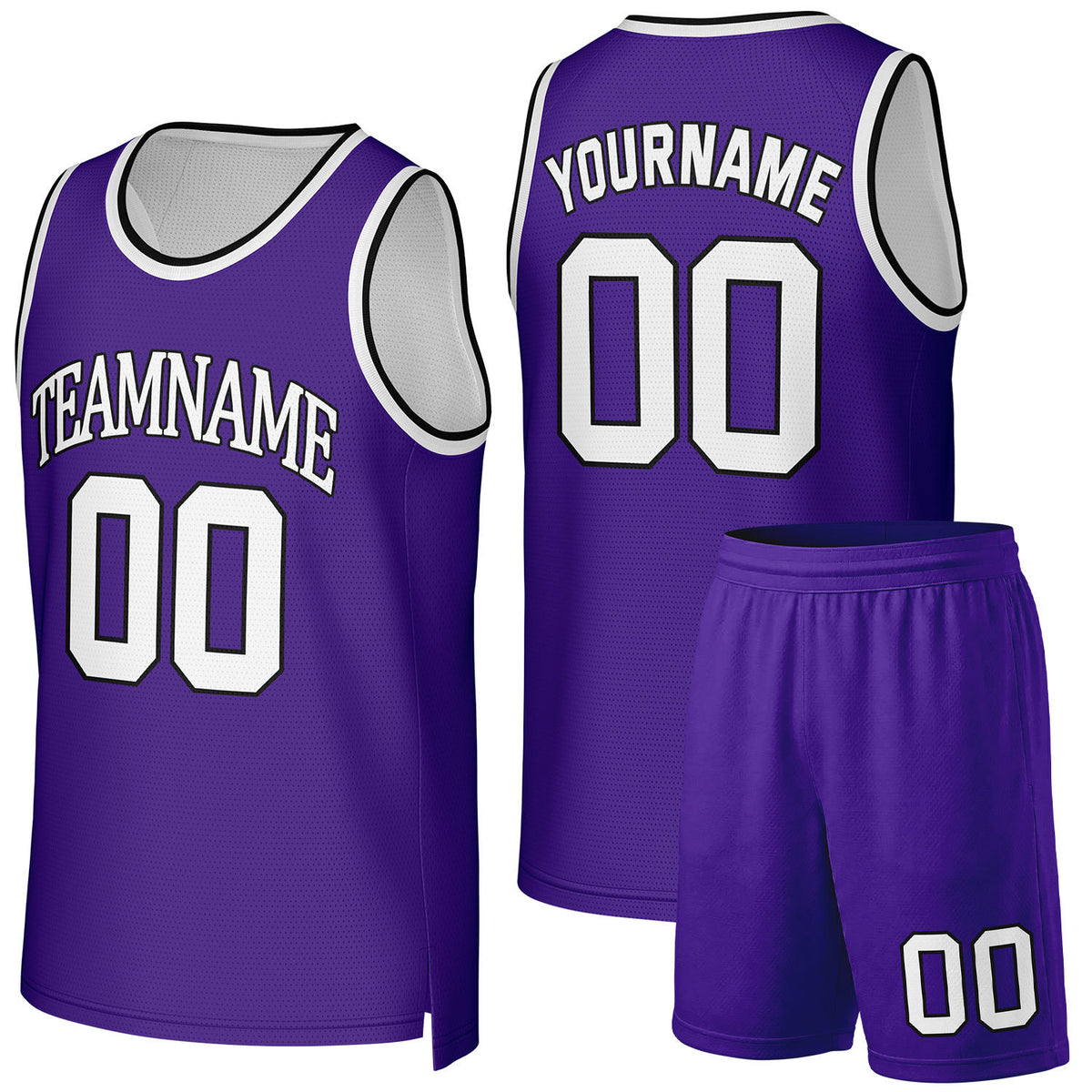 Custom team uniform set purple‑white by Vosoli, personalized team name, number & logo, quick‑dry mesh fabric for game‑ready basketball team outfits