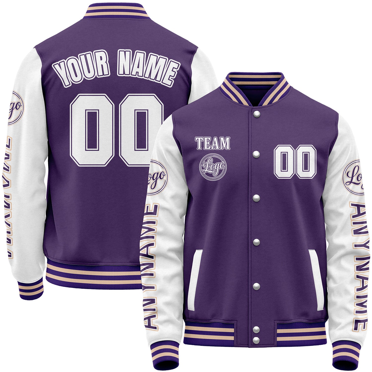 Custom team varsity jacket, purple and white varsity bomber jacket, personalized stitched or sublimated name, number, sleeve text and custom logo.