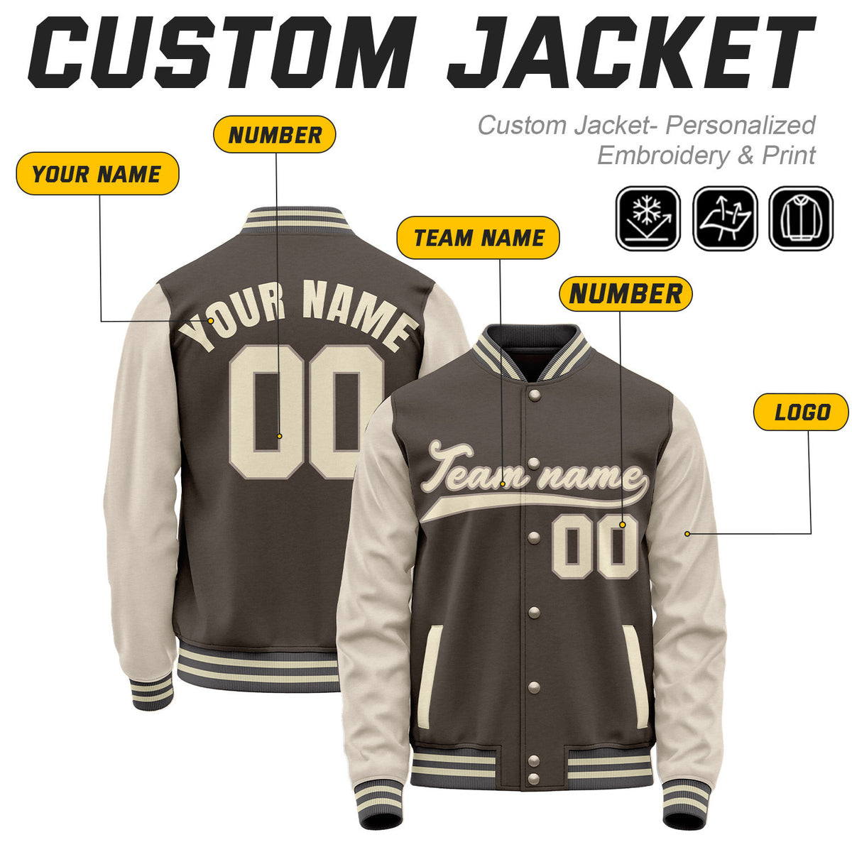 Custom Charcoal & Cream Baseball Bomber Jacket | Retro Collegiate Varsity & Letterman