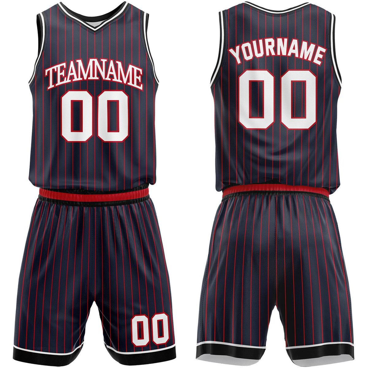 Custom tournament basketball uniforms navy‑red by Vosoli, personalized team name, number & logo, pinstripe mesh fabric for tournament game‑ready basketball team outfits