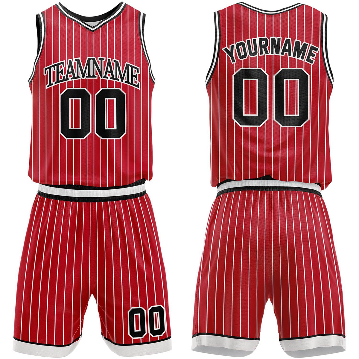 Custom tournament basketball uniforms red‑white by Vosoli, personalized team name, number & logo, pinstripe mesh fabric for tournament game‑ready basketball team outfits