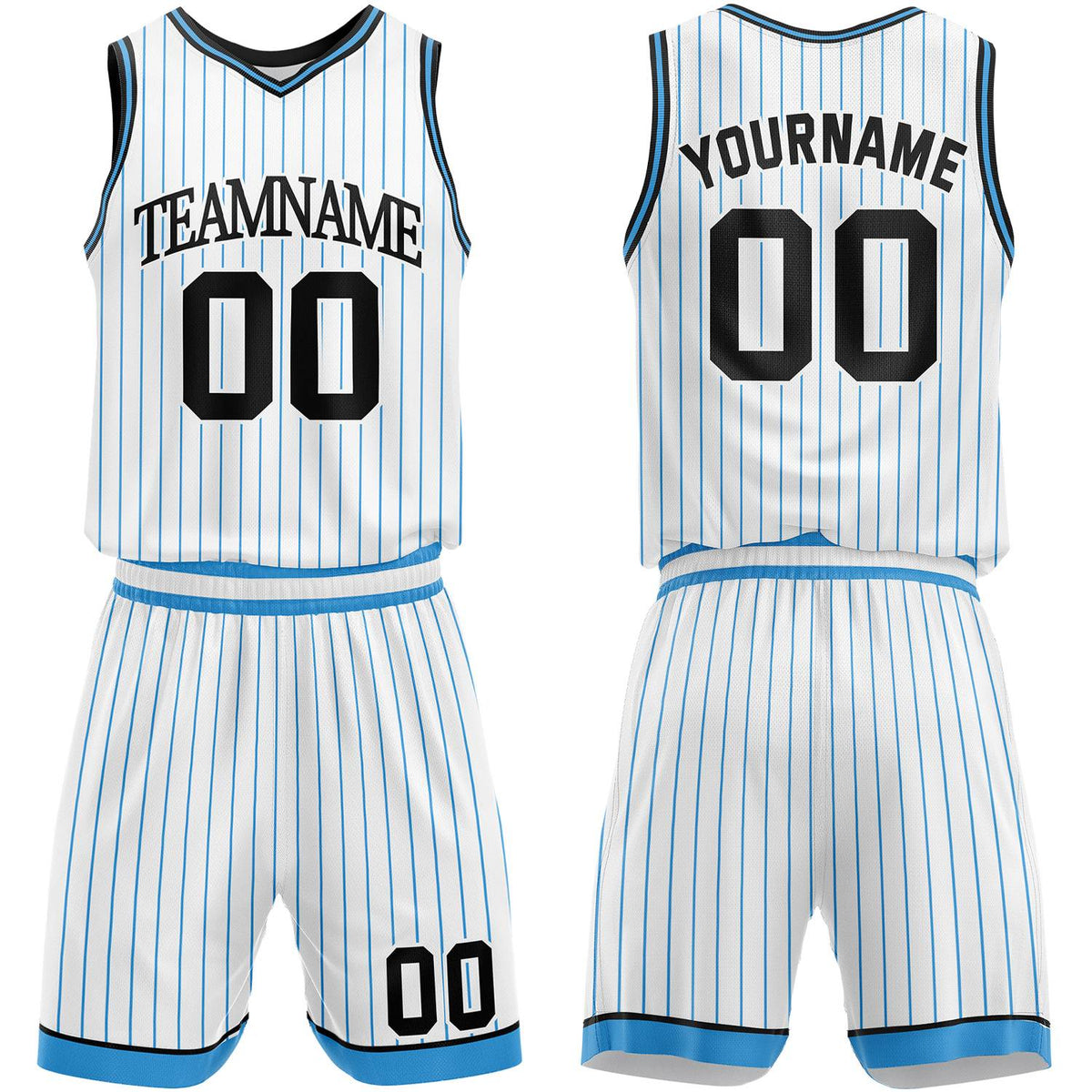 Custom tournament basketball uniforms white‑lightblue by Vosoli, personalized team name, number & logo, pinstripe mesh fabric for tournament game‑ready basketball team outfits