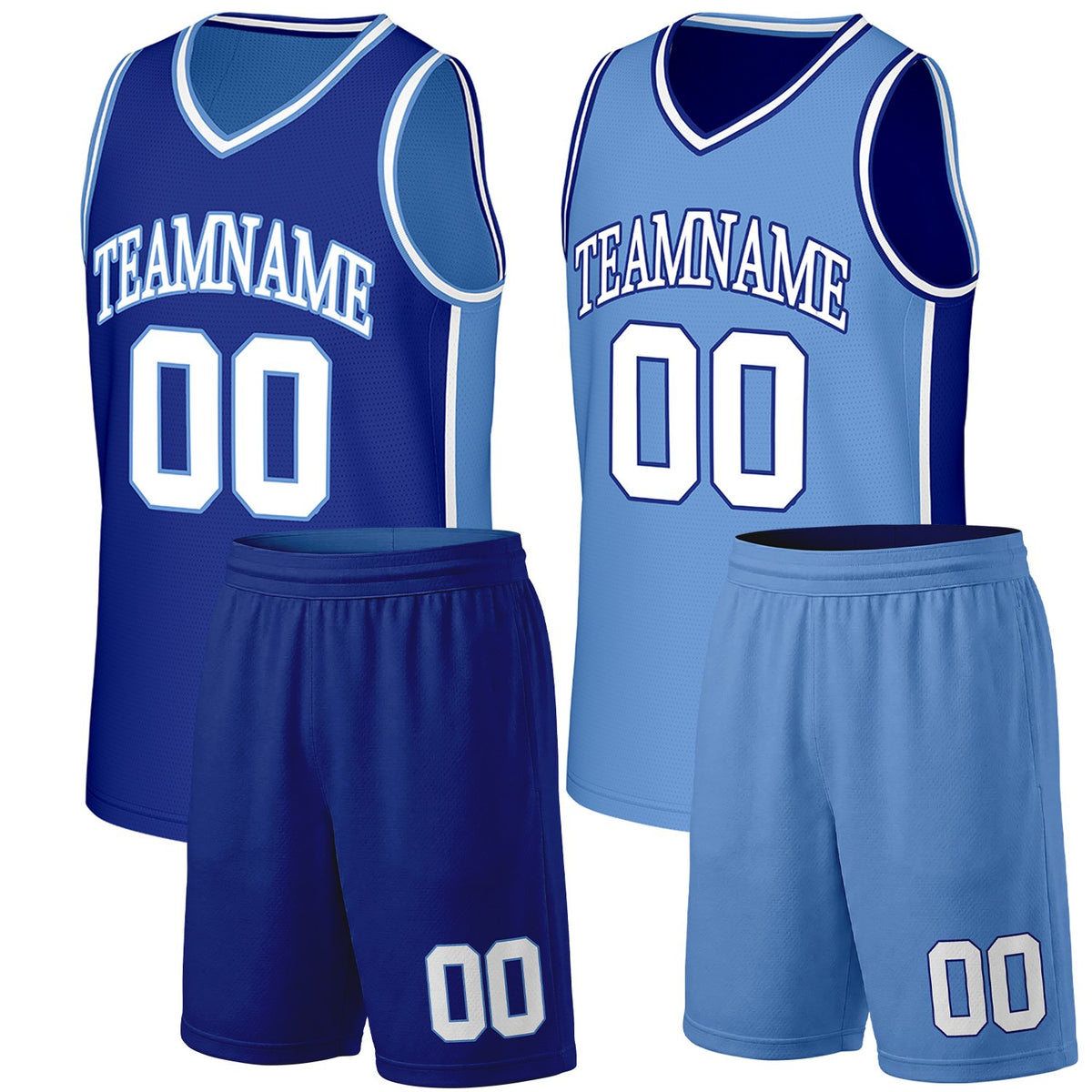 Custom tournament basketball uniforms royal blue carolina blue reversible by Vosoli. Personalized team name, number &amp; logo. Breathable mesh. Fast delivery.