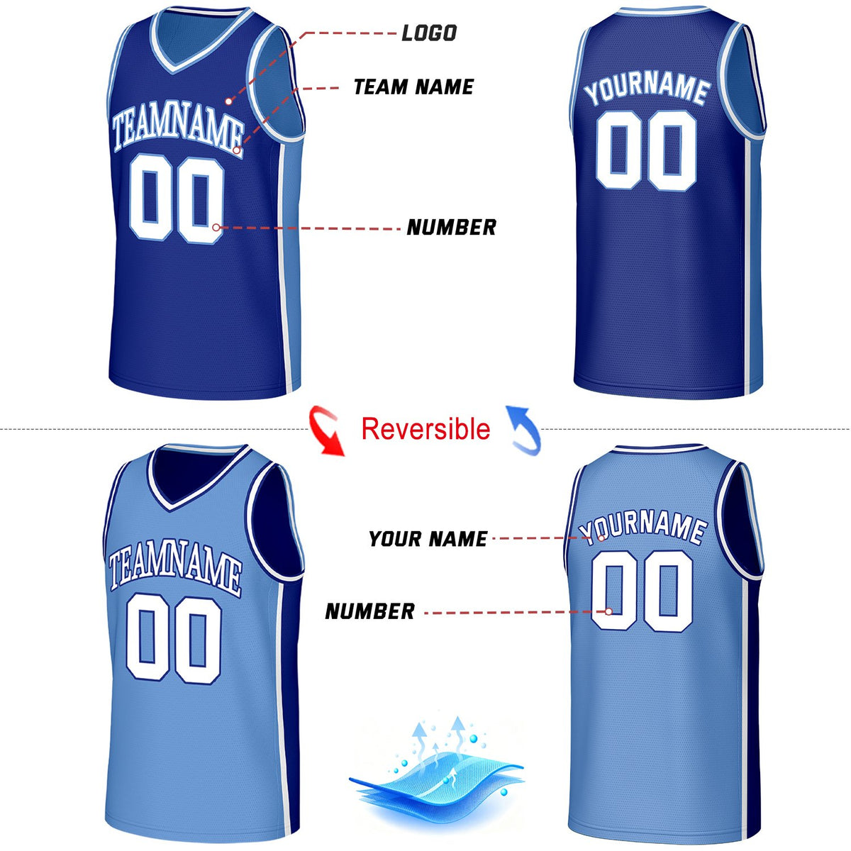 Custom Royal Blue & Carolina Blue Double Sided Basketball Uniform Set | Personalized Team Uniforms for Adult & Youth