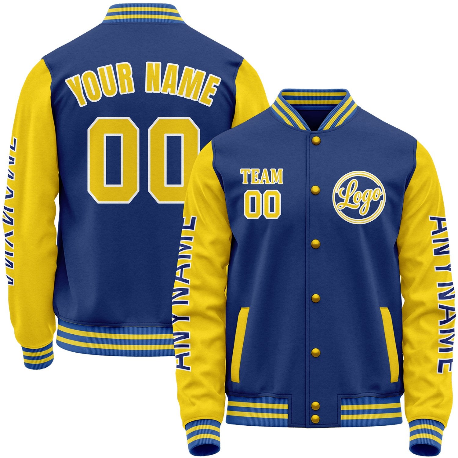 Custom travel baseball jackets, royal blue and yellow varsity bomber jacket, personalized stitched or sublimated name, number, sleeve text and custom team logo.