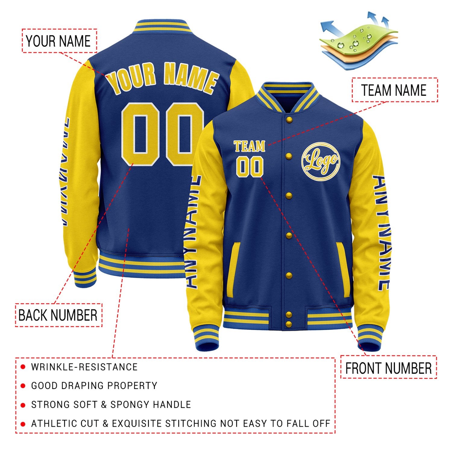 Custom Royal Blue & Yellow Color Block Varsity Jacket | Personalized Letterman Bomber with Sleeve Text & Logo