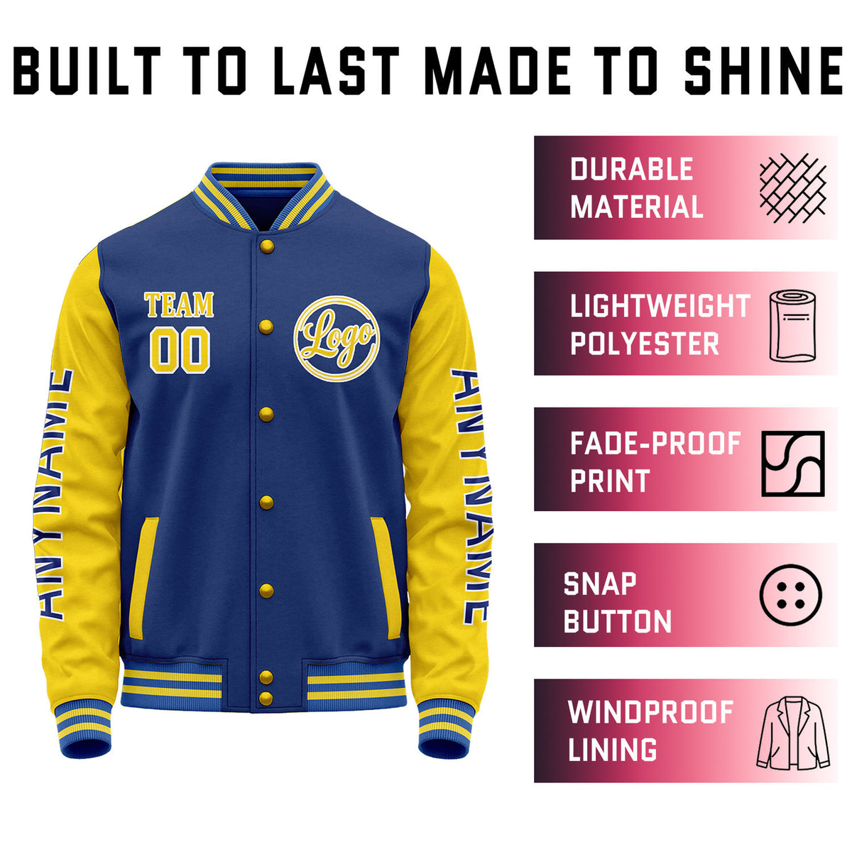 Custom Royal Blue & Yellow Color Block Varsity Jacket | Personalized Letterman Bomber with Sleeve Text & Logo
