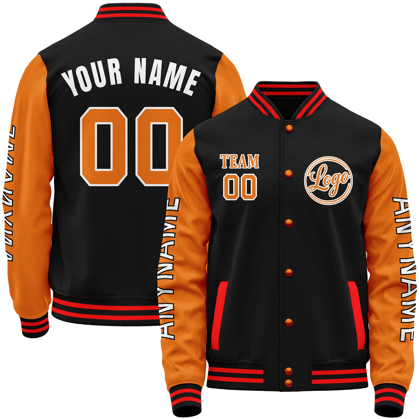 Custom travel baseball team jackets, black and orange varsity bomber jacket, personalized stitched or sublimated name, number, sleeve text and custom team logo.