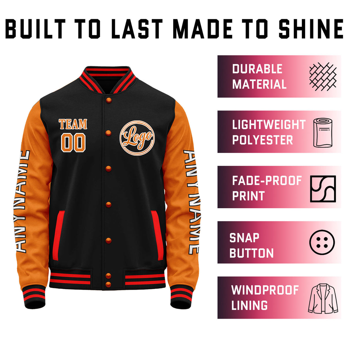 Custom Black & Orange Color Block Varsity Jacket | Personalized Letterman Bomber with Sleeve Text & Logo