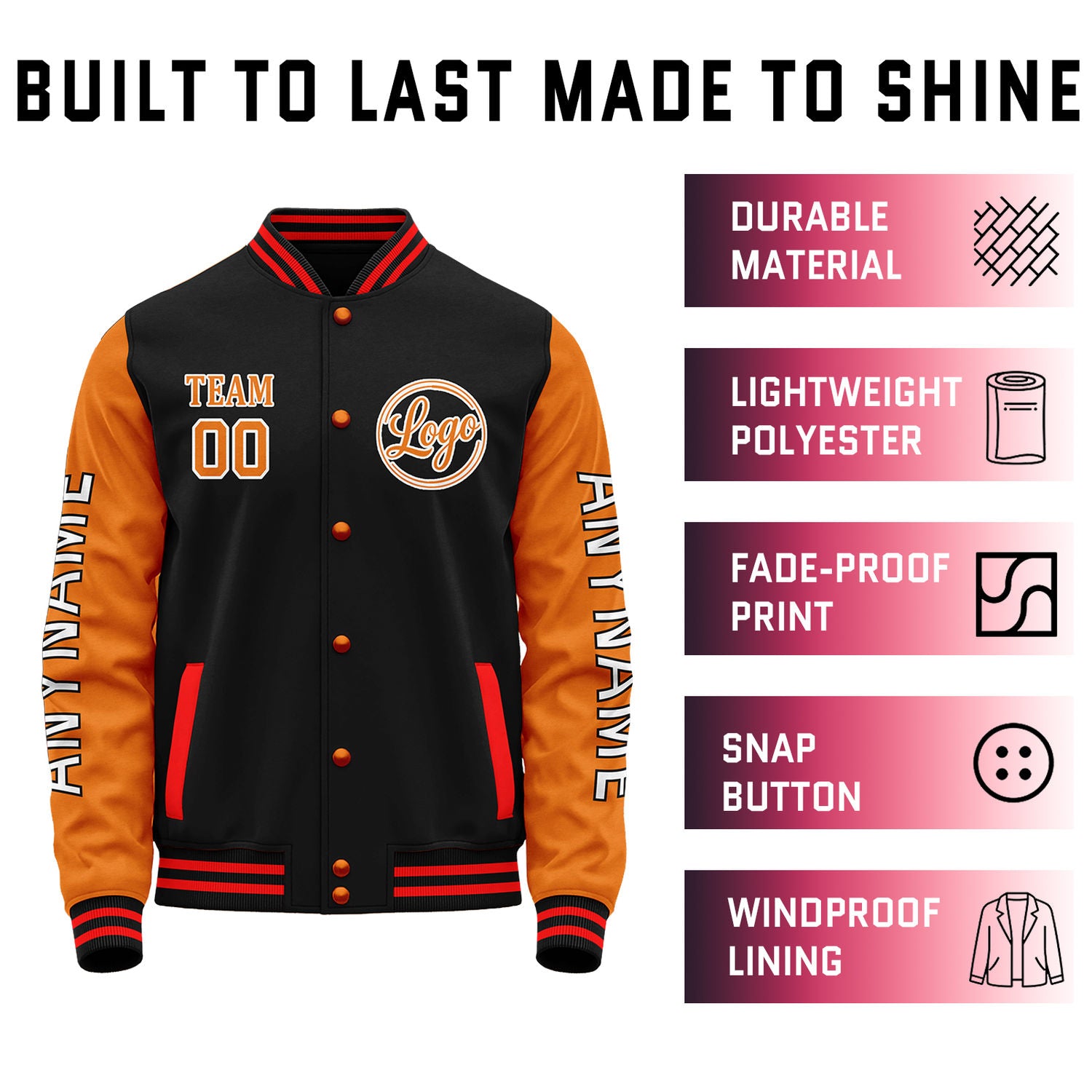 Custom Black & Orange Color Block Varsity Jacket | Personalized Letterman Bomber with Sleeve Text & Logo