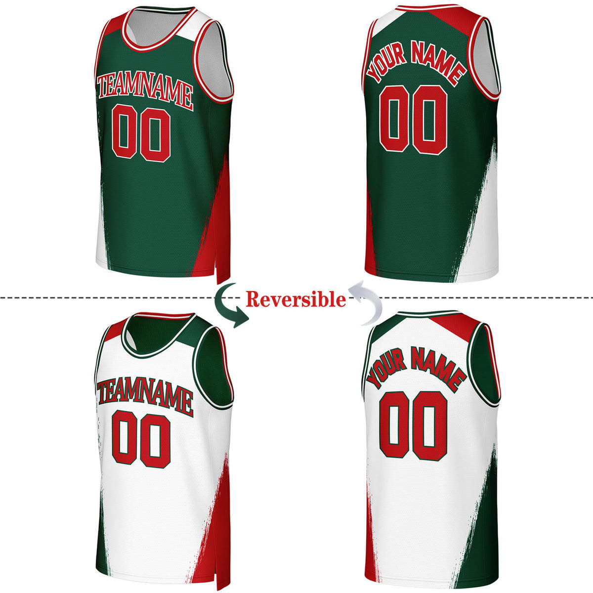 Custom Green & White Brush Stroke Reversible Basketball Jersey | Personalized Team Uniforms for Adult & Youth