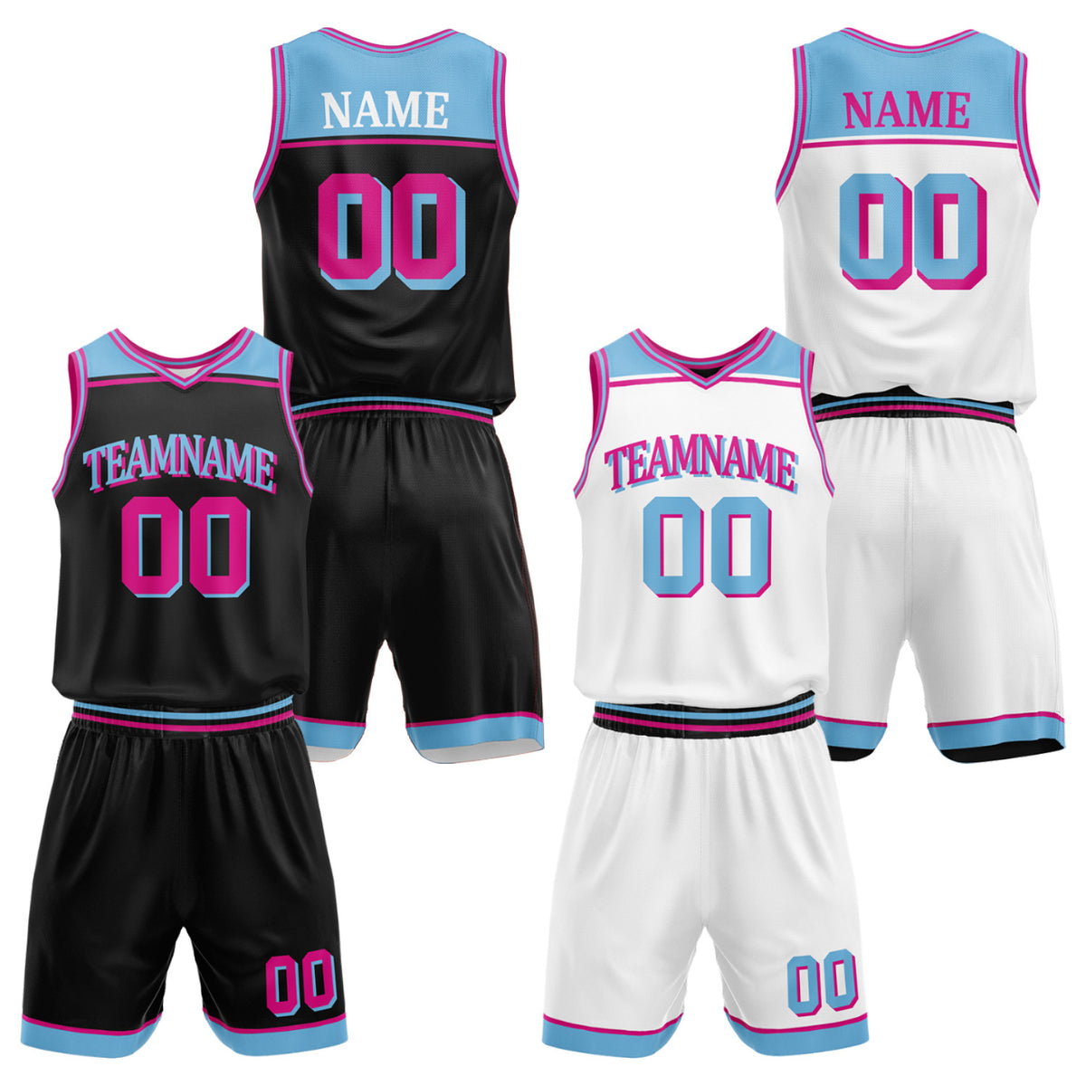 Custom travel basketball team uniforms black white by Vosoli. Personalized team name, player name, number &amp; logo. Breathable mesh. Fast delivery.