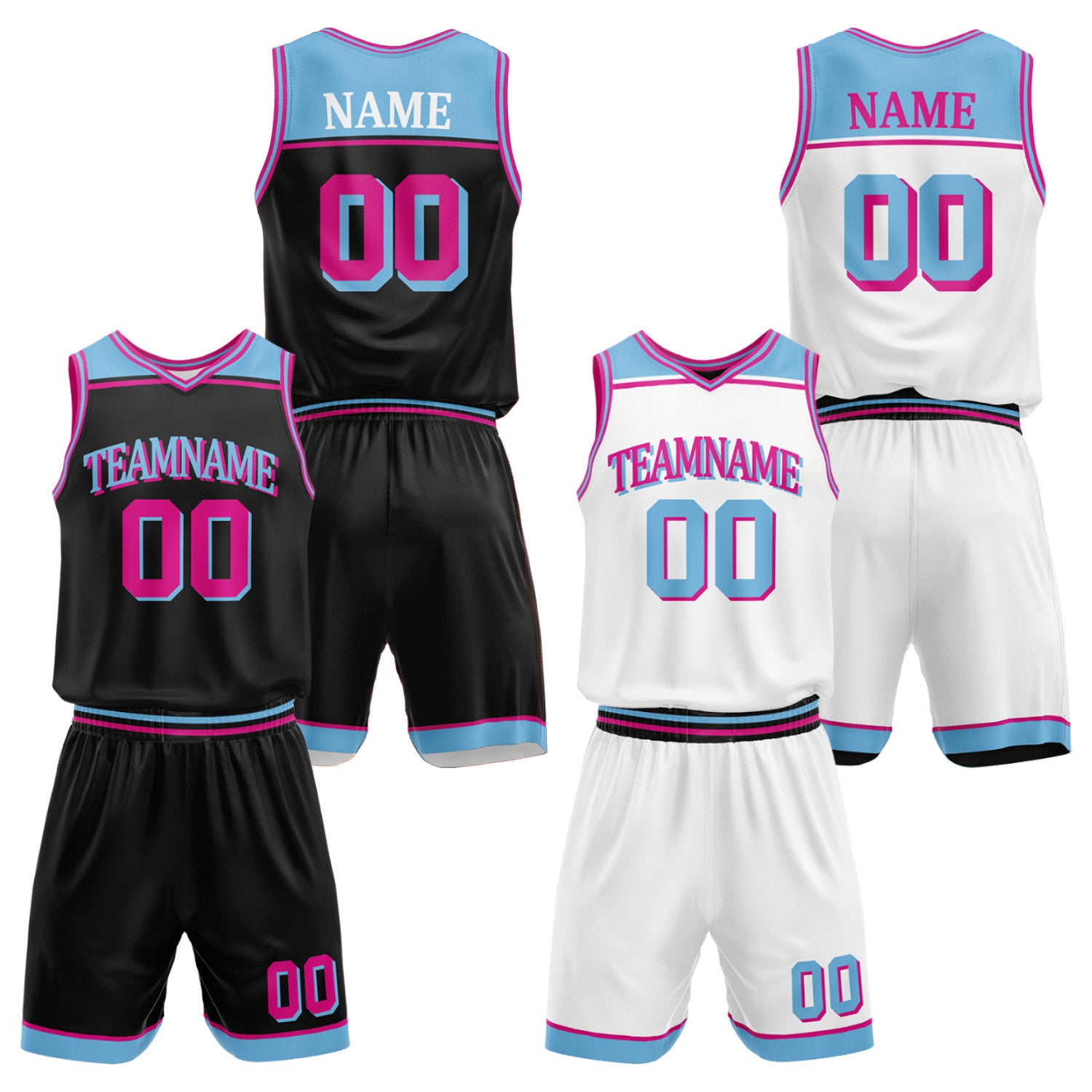 Custom travel basketball team uniforms black white by Vosoli. Personalized team name, player name, number & logo. Breathable mesh. Fast delivery.