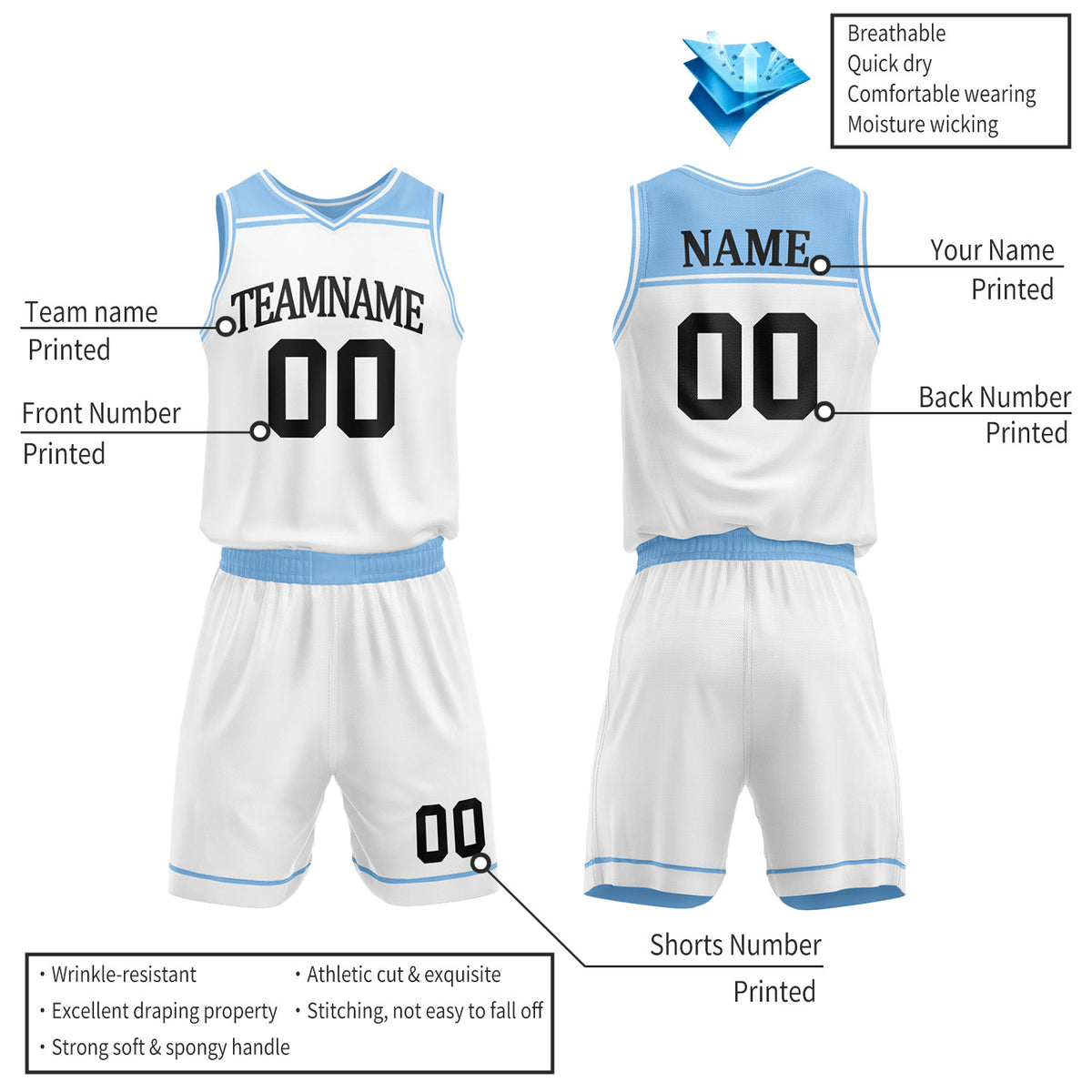 Custom Carolina Blue & White Double Sided Basketball Jersey Set | Wholesale Team Uniform
