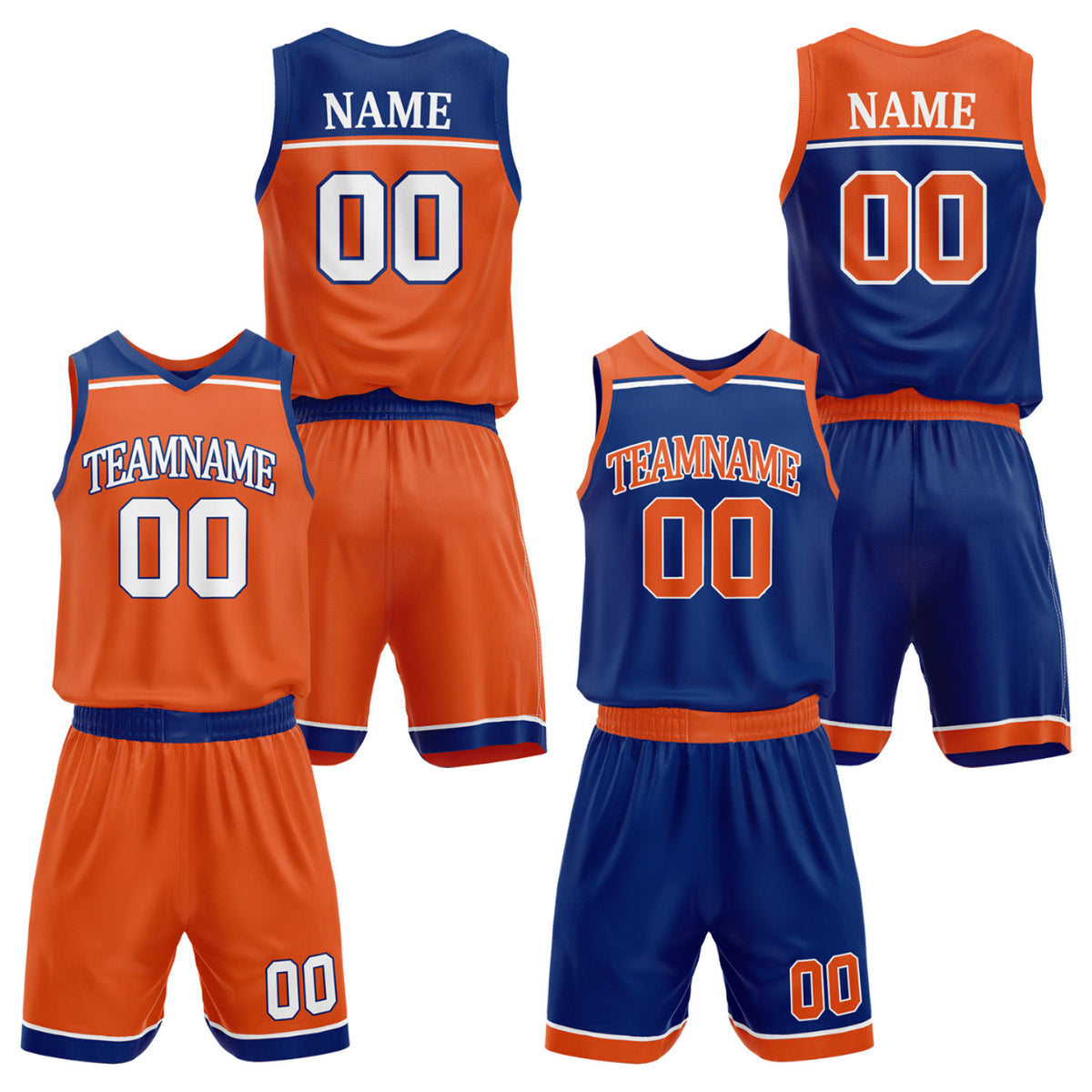 Custom travel basketball uniforms orange royal blue by Vosoli. Personalized team name, player name, number &amp; logo. Breathable mesh. Fast delivery.
