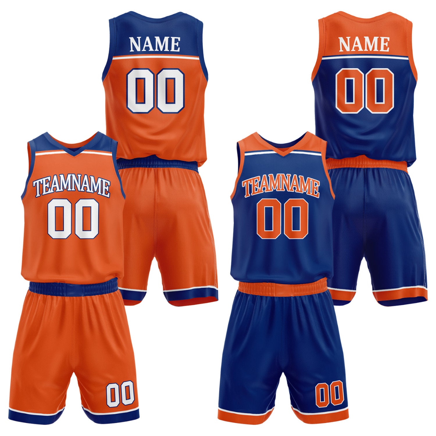 Custom travel basketball uniforms orange royal blue by Vosoli. Personalized team name, player name, number & logo. Breathable mesh. Fast delivery.