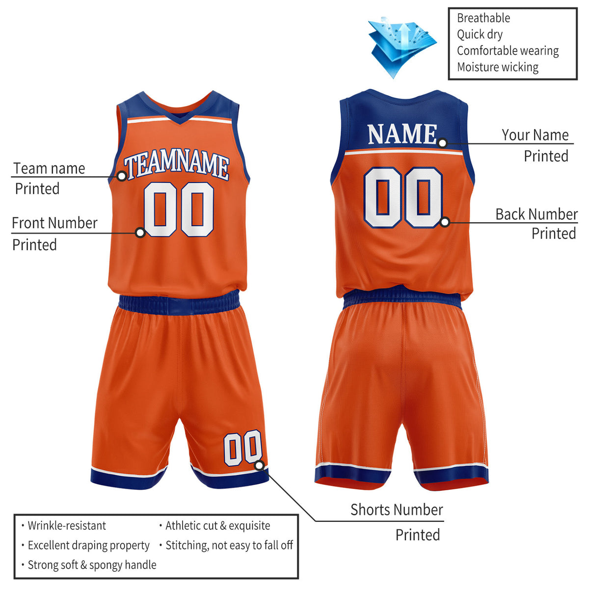 Custom Orange & Royal Blue Double Sided Basketball Jersey Set | Wholesale Team Uniform
