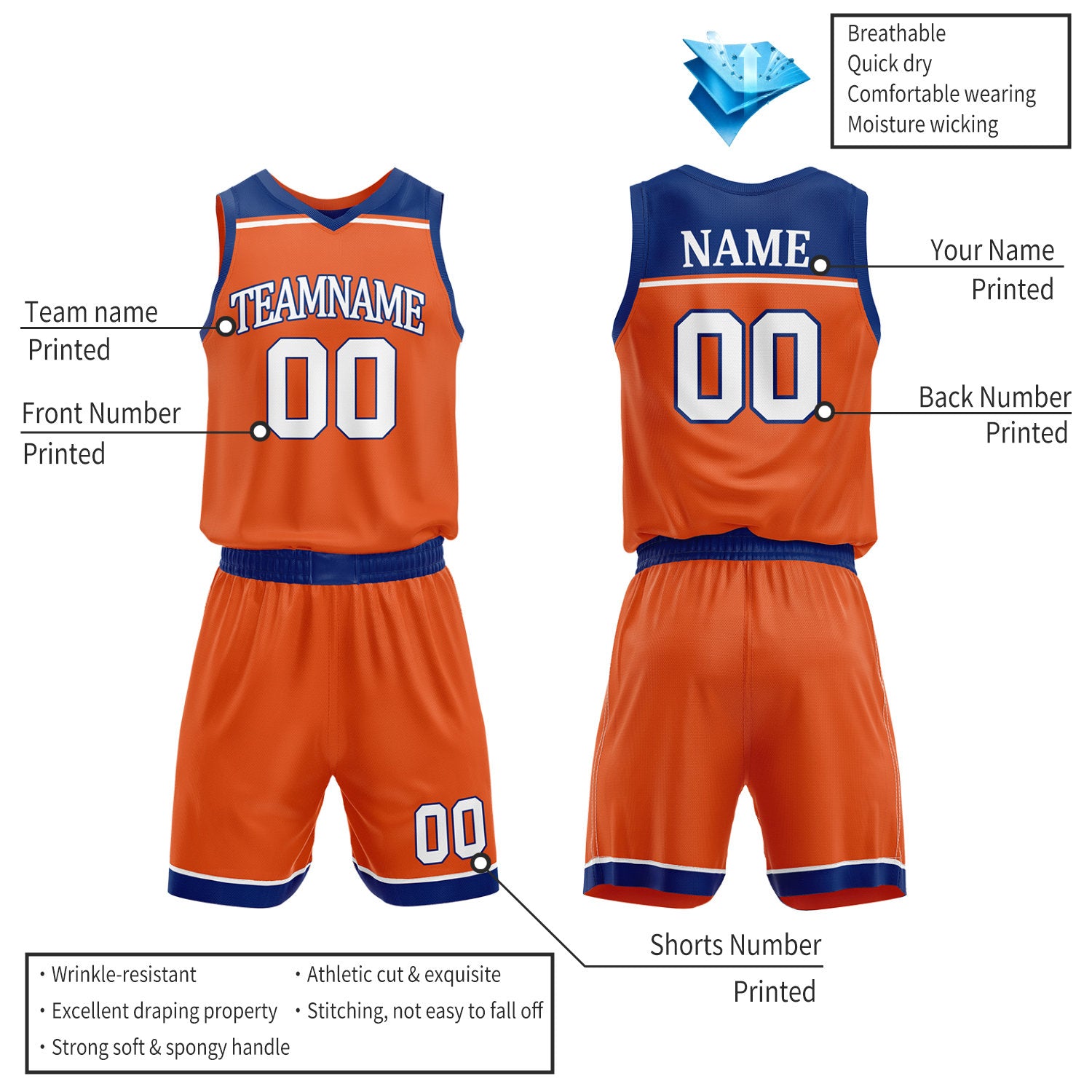 Custom Orange & Royal Blue Double Sided Basketball Jersey Set | Wholesale Team Uniform