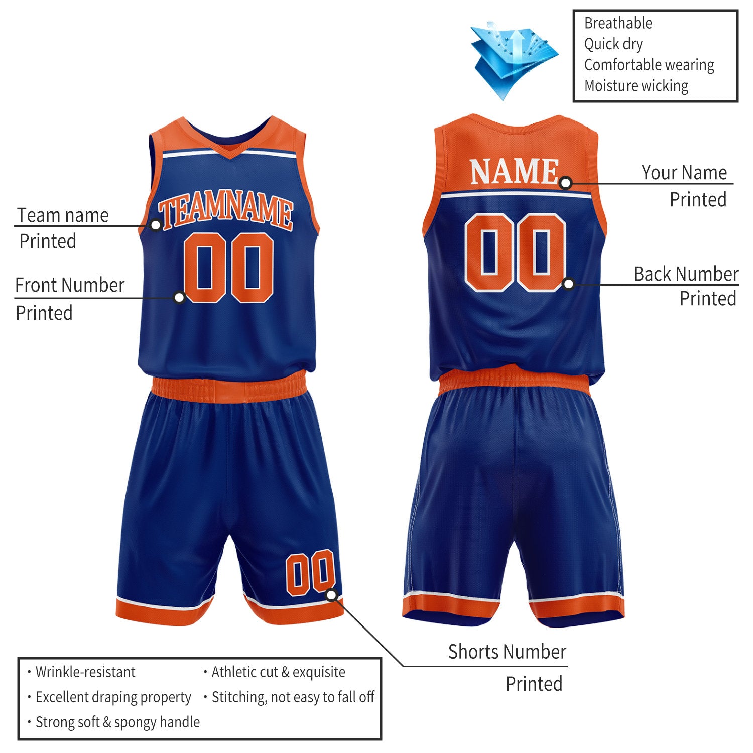 Custom Orange & Royal Blue Double Sided Basketball Jersey Set | Wholesale Team Uniform